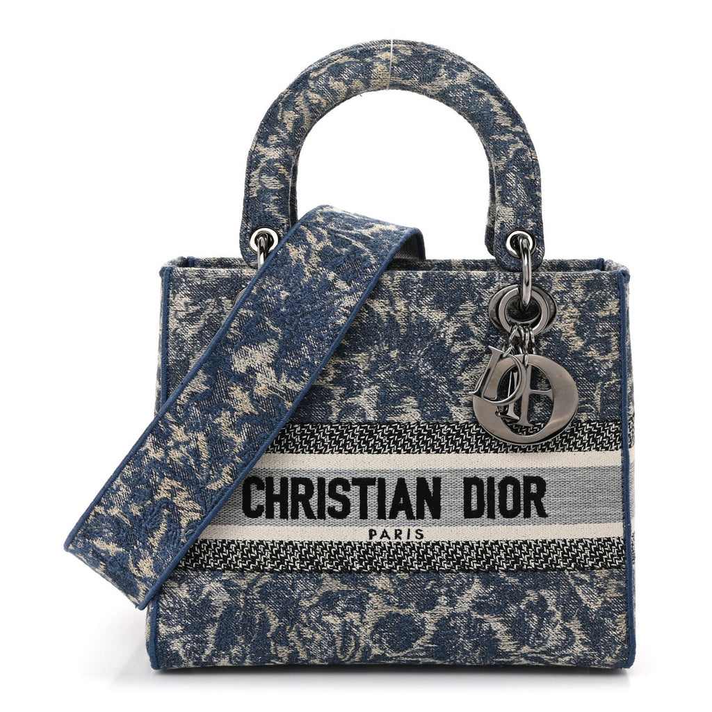 Christian Dior Canvas Embroidered Brocart Medium Lady D-Lite Blue