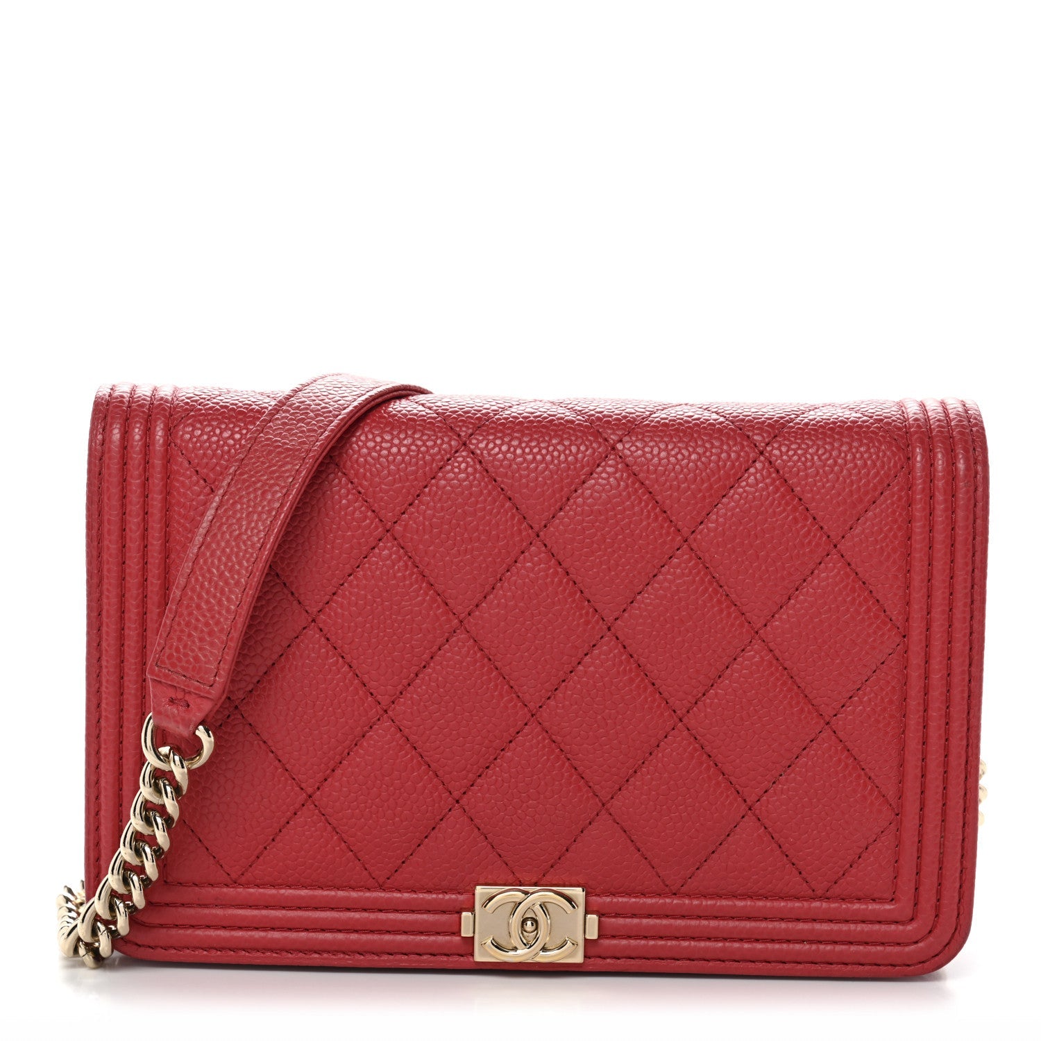 Chanel Caviar Quilted Boy Wallet On Chain WOC Red