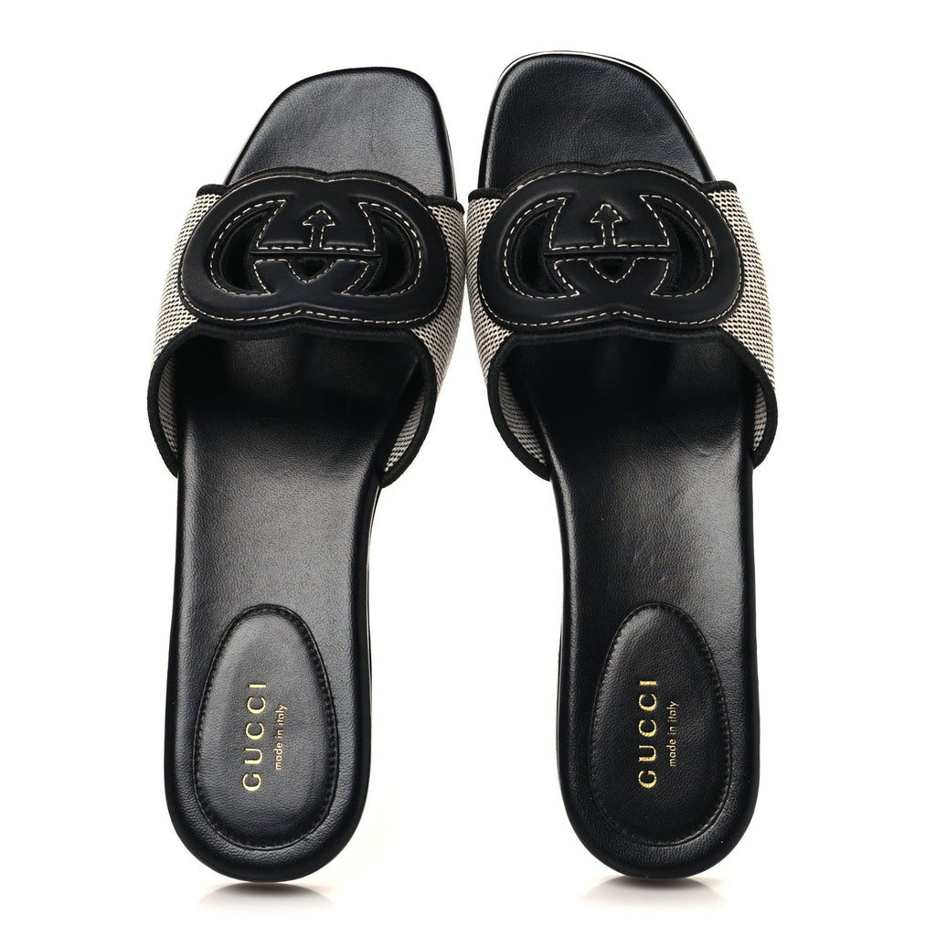 Gucci Canvas Rice Cosmos Softy Calfskin Interlocking G Cut Out Slide Sandals 37.5 Black Natural