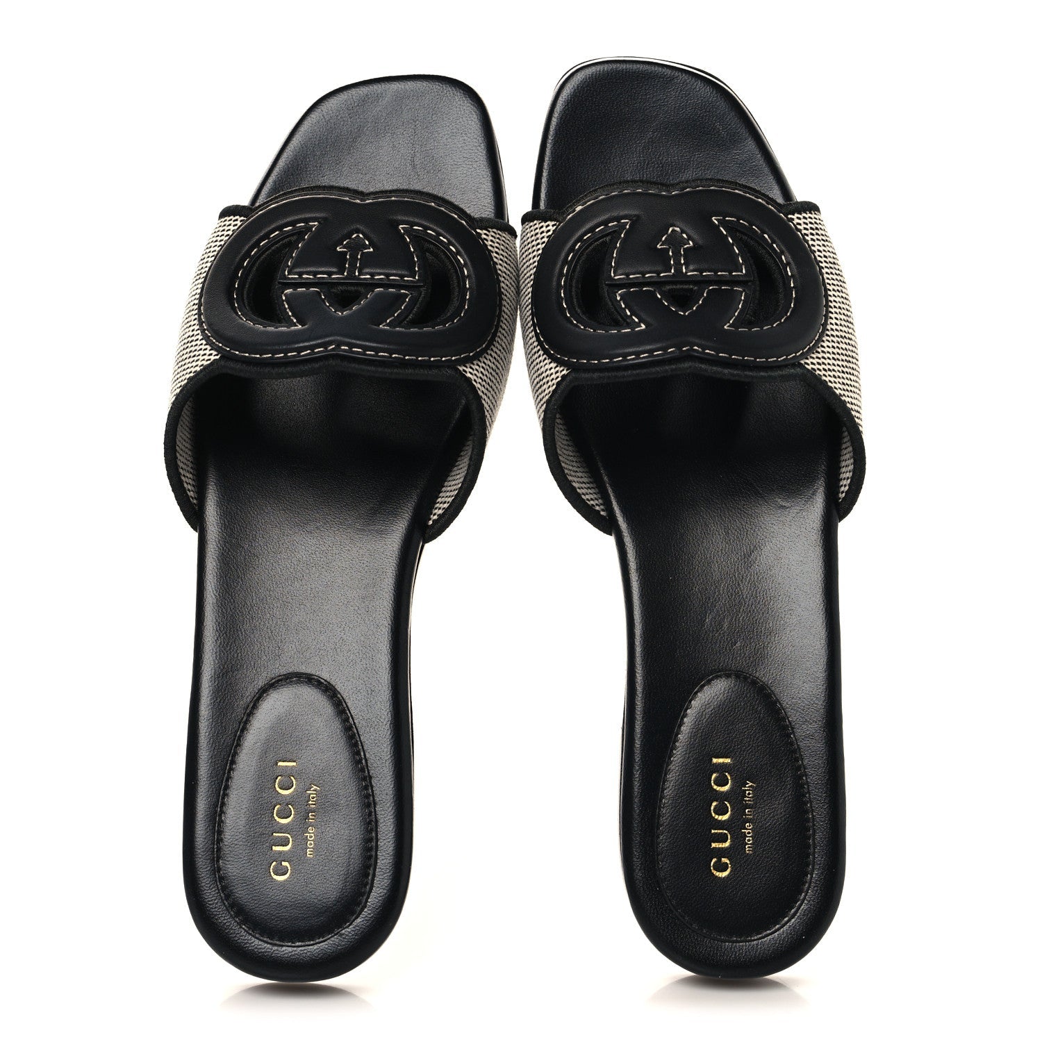 Gucci Canvas Rice Cosmos Softy Calfskin Interlocking G Cut Out Slide Sandals 37.5 Black Natural