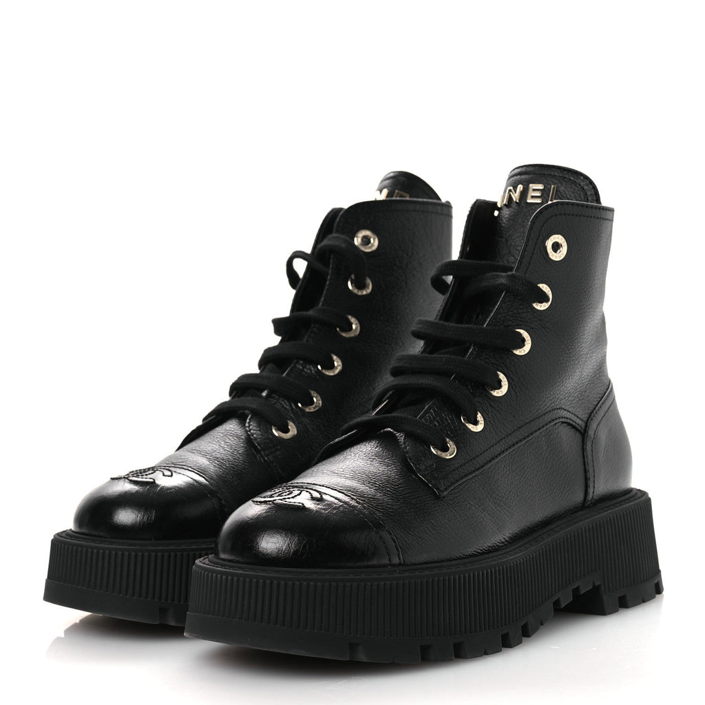Grained Calfskin Shiny Calfskin CC Lace Up Combat Boots 38.5 Black