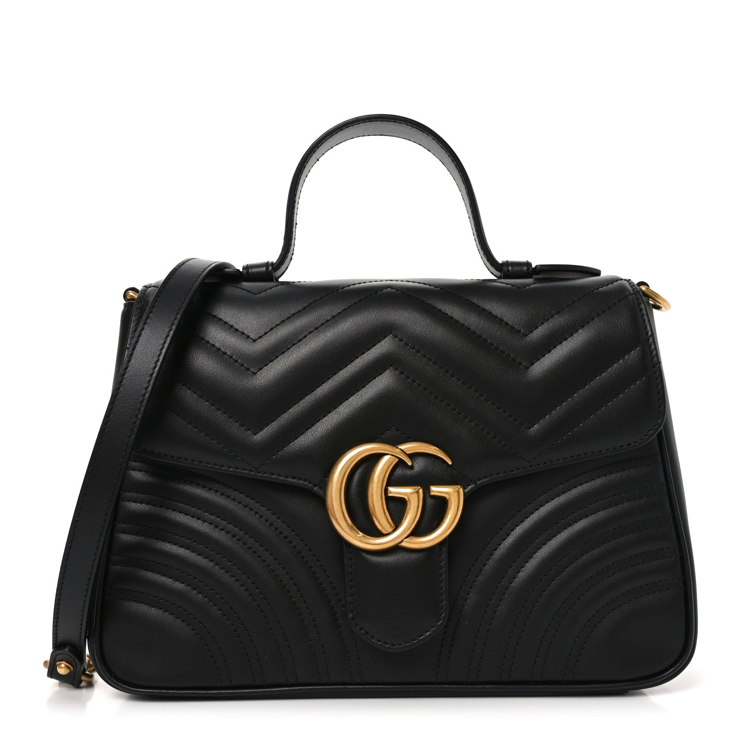 Gucci Calfskin Matelasse Small GG Marmont Top Handle Shoulder Bag Black