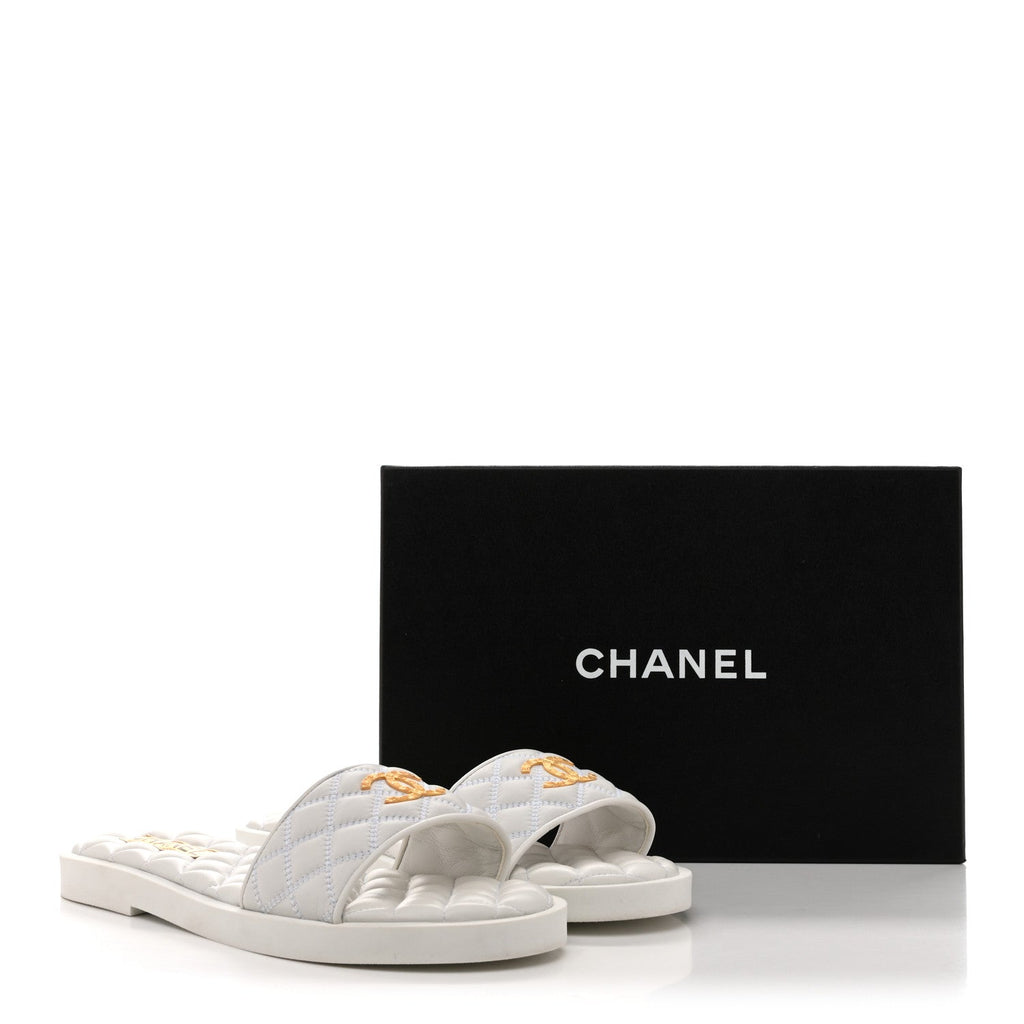 Lambskin Quilted Textured CC Mules Sandals 41.5 White