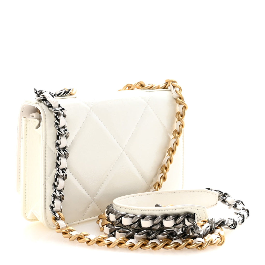 Chanel Shiny Crumpled Calfskin Quilted Chanel 19 Wallet On Chain WOC White