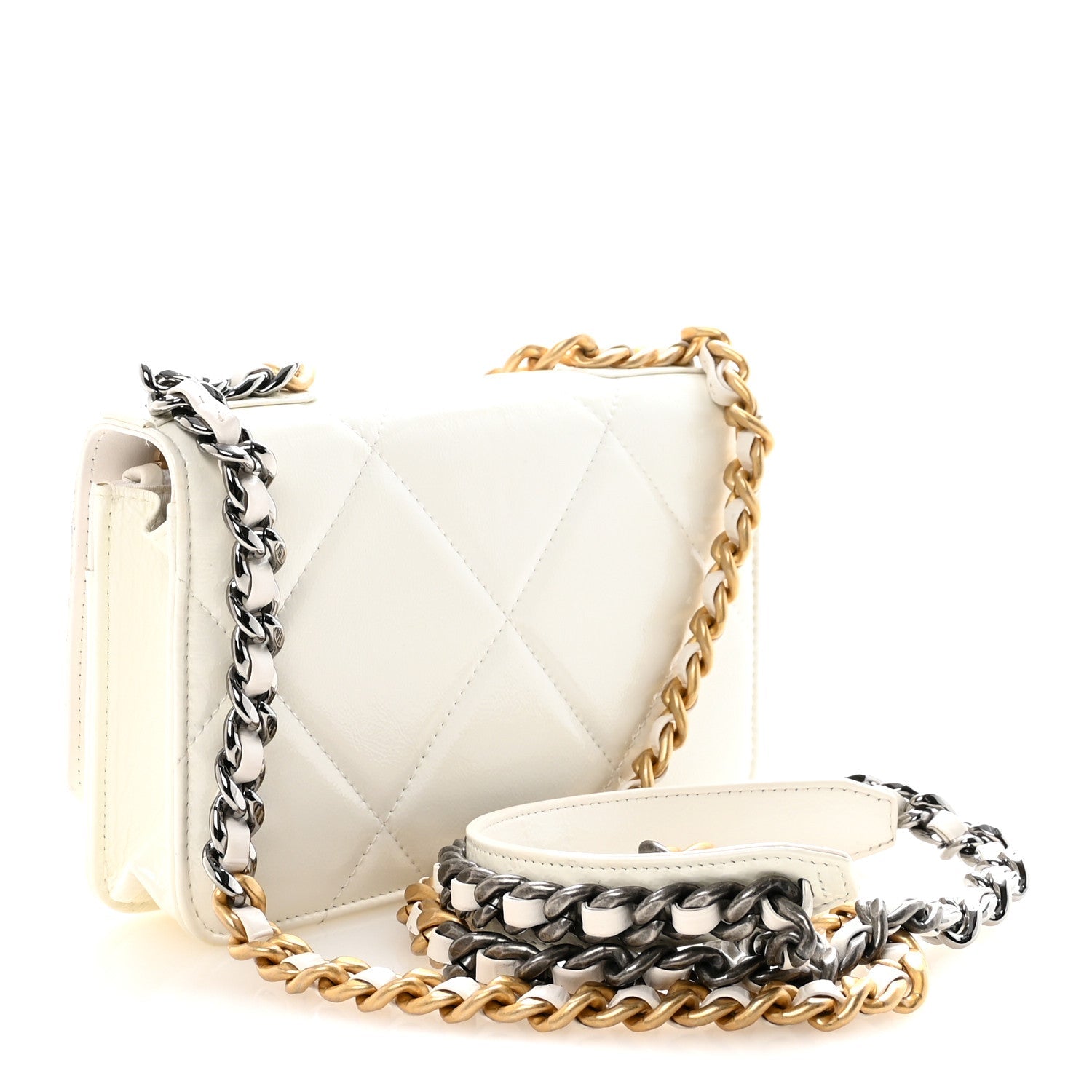 Chanel Shiny Crumpled Calfskin Quilted Chanel 19 Wallet On Chain WOC White