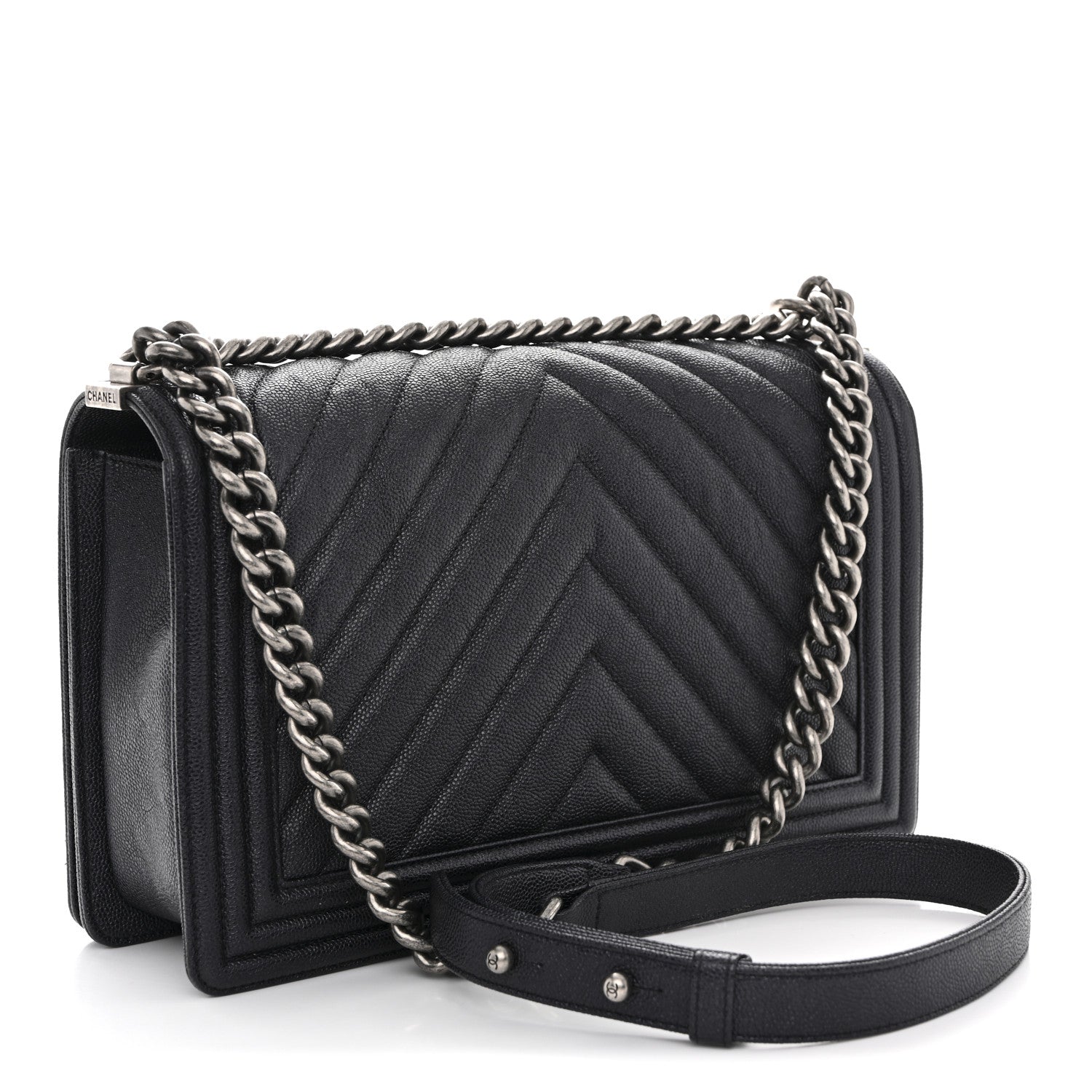 Chanel Caviar Chevron Quilted New Medium Boy Flap Dark Navy Blue