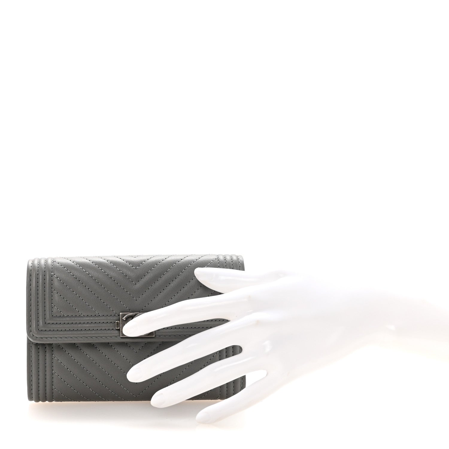 Calfskin Chevron Quilted Medium Boy Flap Wallet Grey