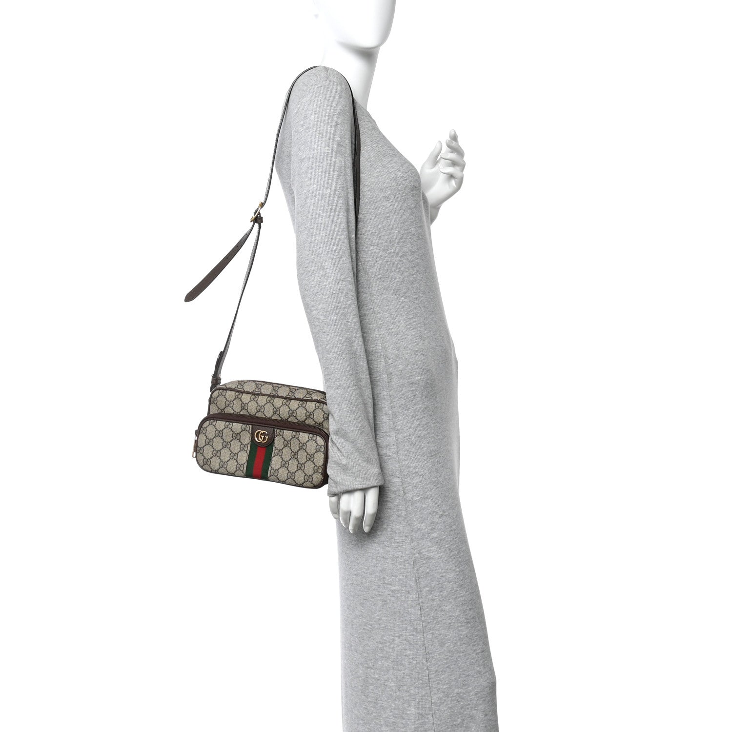 Gucci GG Supreme Monogram Textured Dollar Calfskin Web Small Ophidia Convertible Shoulder Bag Beige Ebony New Acero