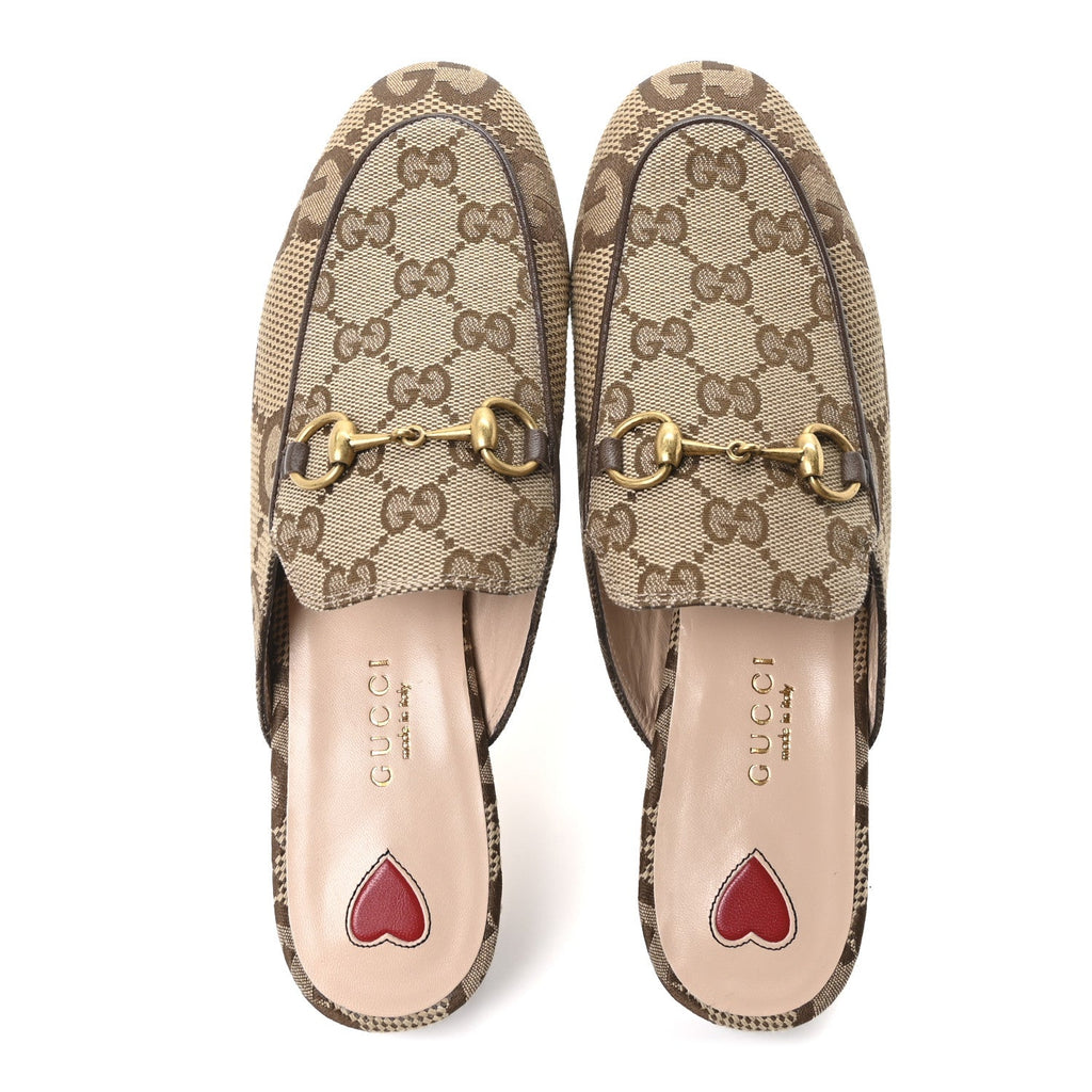 Gucci Monogram Jumbo GG Malaga Kid Womens Princetown Slippers 35.5 Camel Ebony New Acero Beige