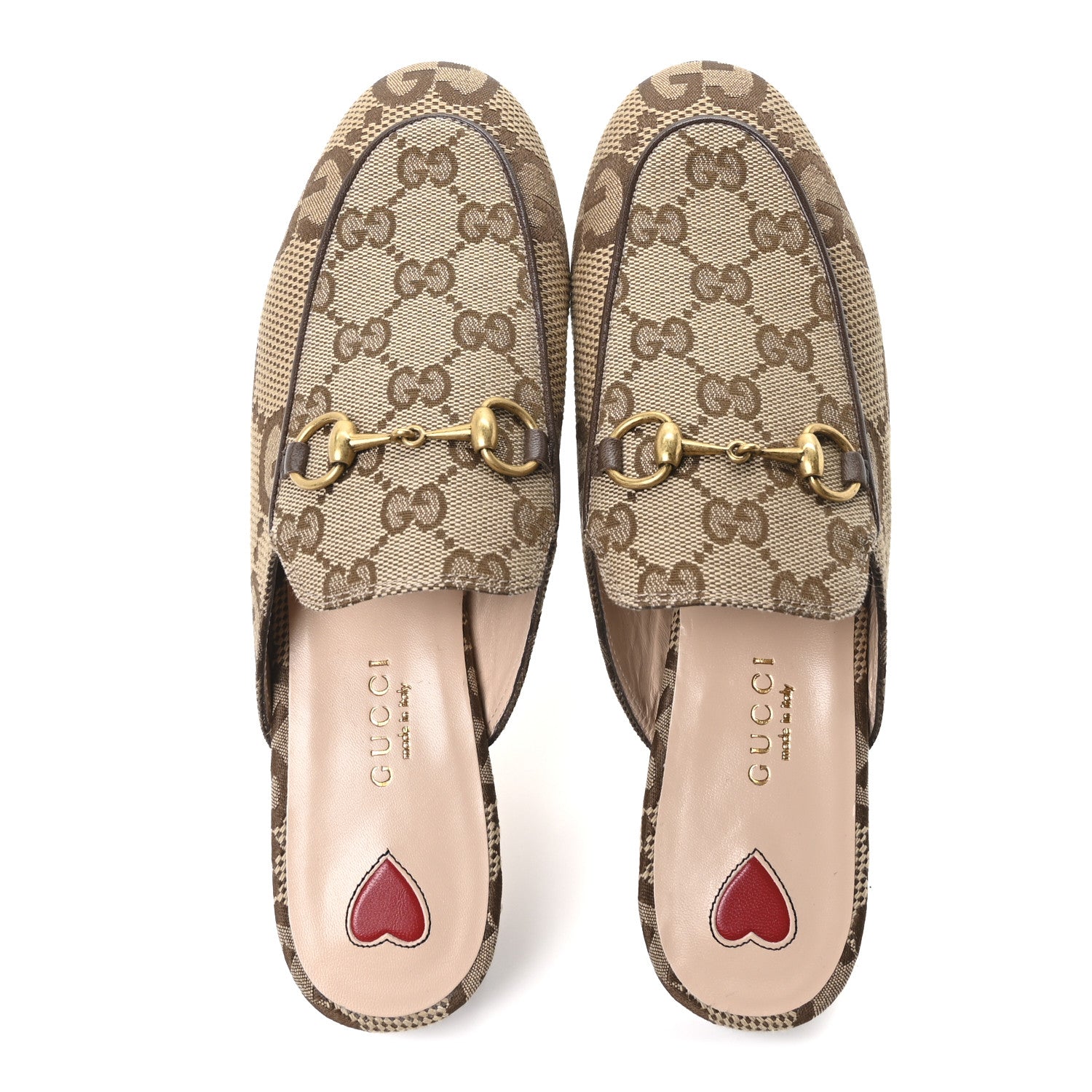 Gucci Monogram Jumbo GG Malaga Kid Womens Princetown Slippers 35.5 Camel Ebony New Acero Beige