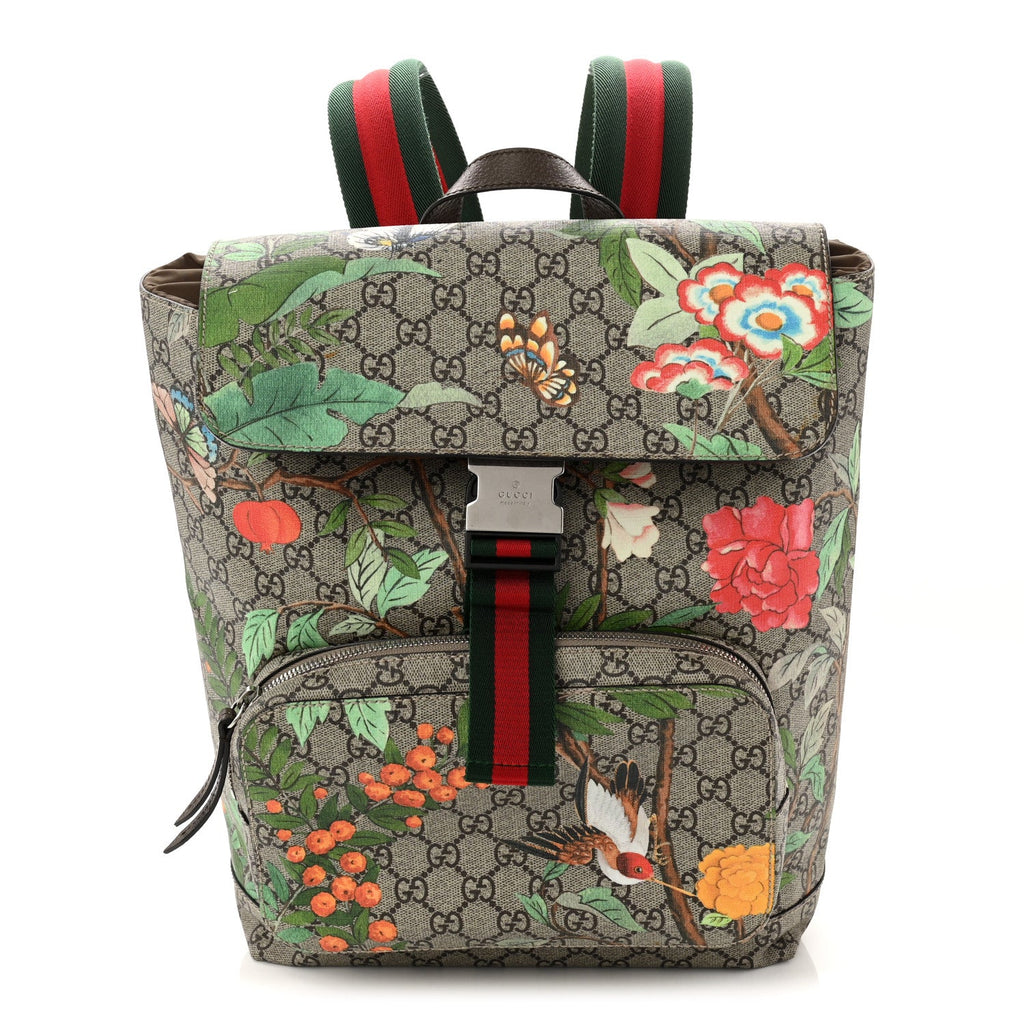 Gucci GG Supreme Monogram Tian Web Single Buckle Backpack Beige Multicolor New Acero