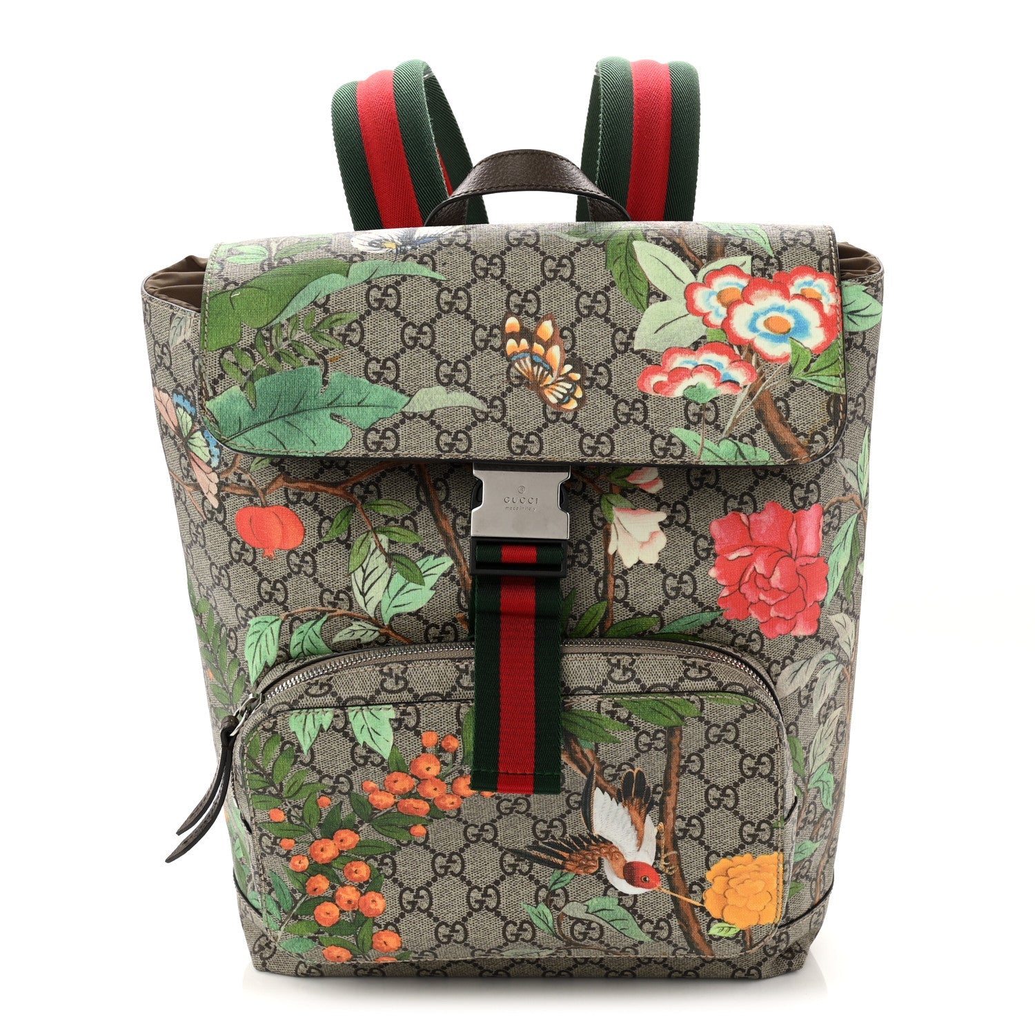 Gucci GG Supreme Monogram Tian Web Single Buckle Backpack Beige Multicolor New Acero