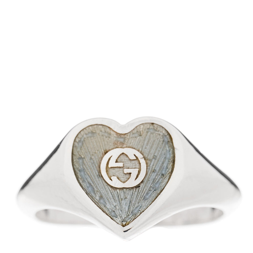 Gucci Sterling Silver Enamel GG Heart Ring 51 5.75 Blue