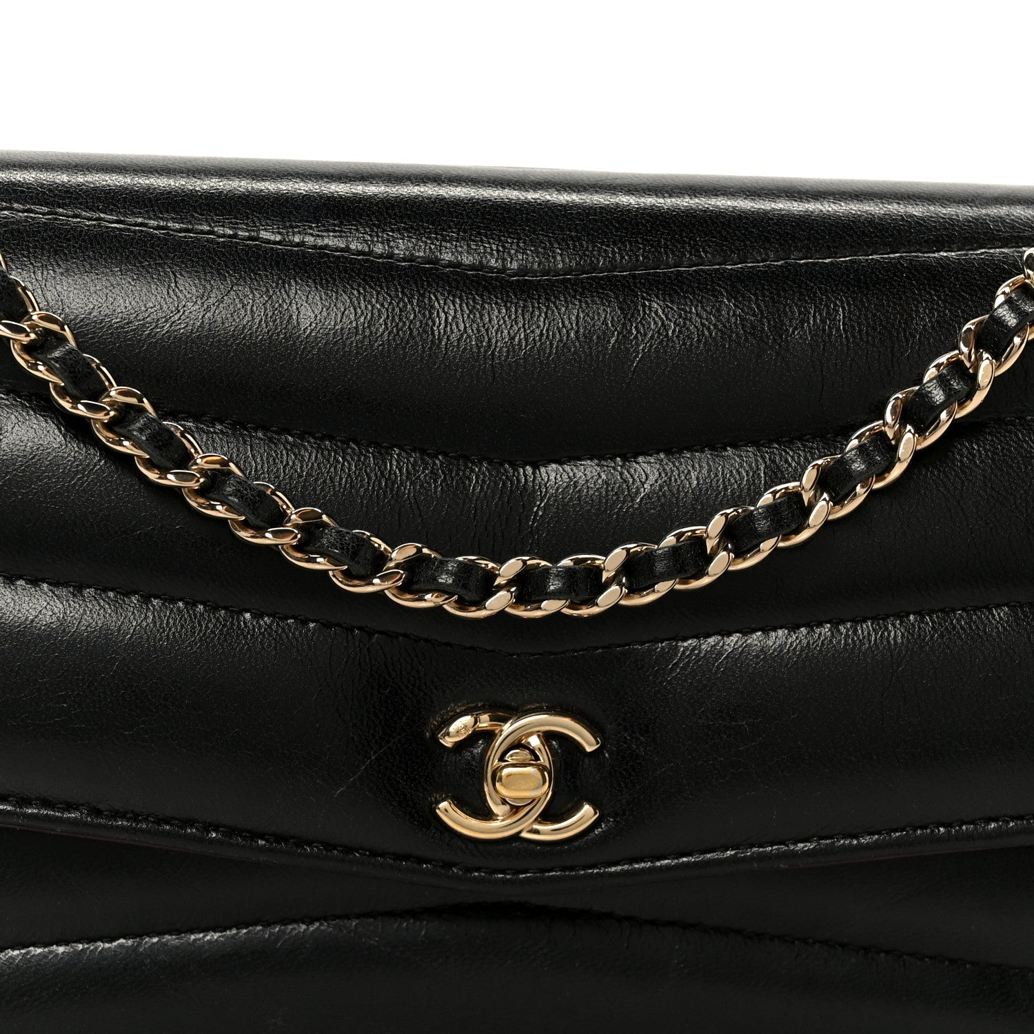 Chanel Lambskin Chevron Quilted Wallet On Chain WOC Black