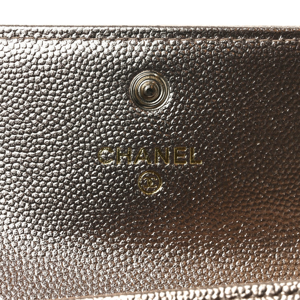 Metallic Caviar Quilted CC Flap Card Holder Copper