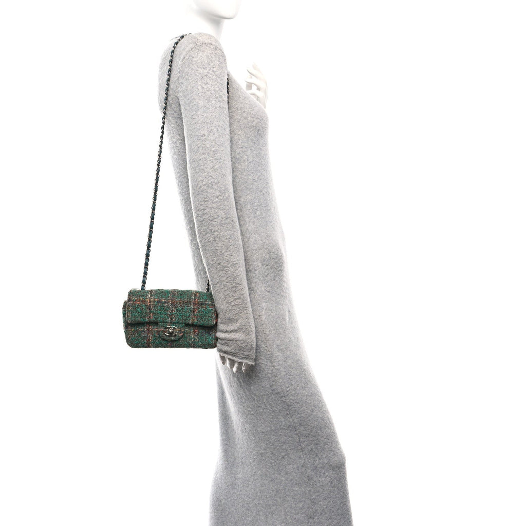 Chanel Tweed Quilted Mini Rectangular Flap Green
