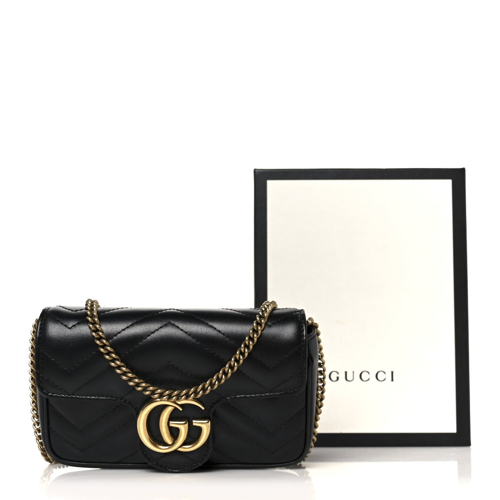 Gucci Calfskin Matelasse Super Mini GG Marmont Shoulder Bag Black