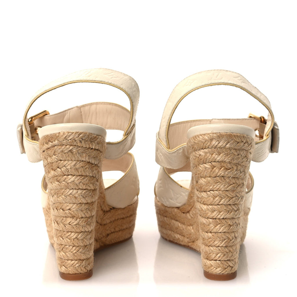 Louis Vuitton Calfskin Monogram Embossed Espadrille Wedge Sandals 36 White