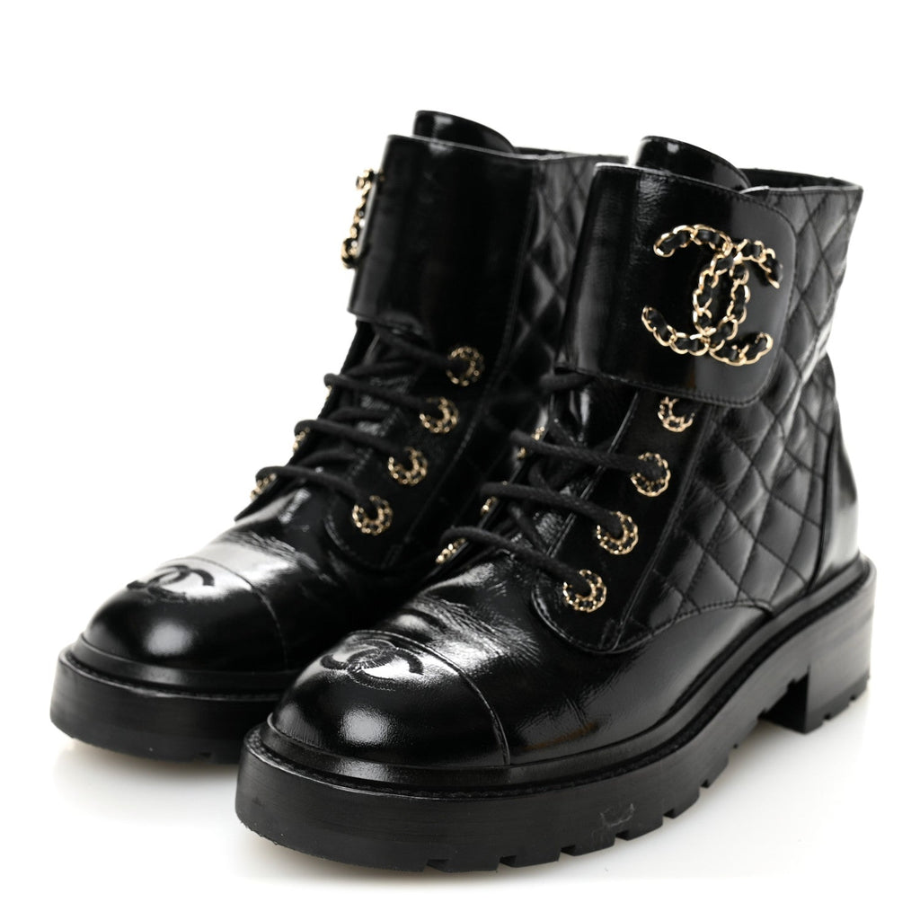 Chanel Shiny Calfskin Quilted Lace Up Combat Boots 37.5 Black
