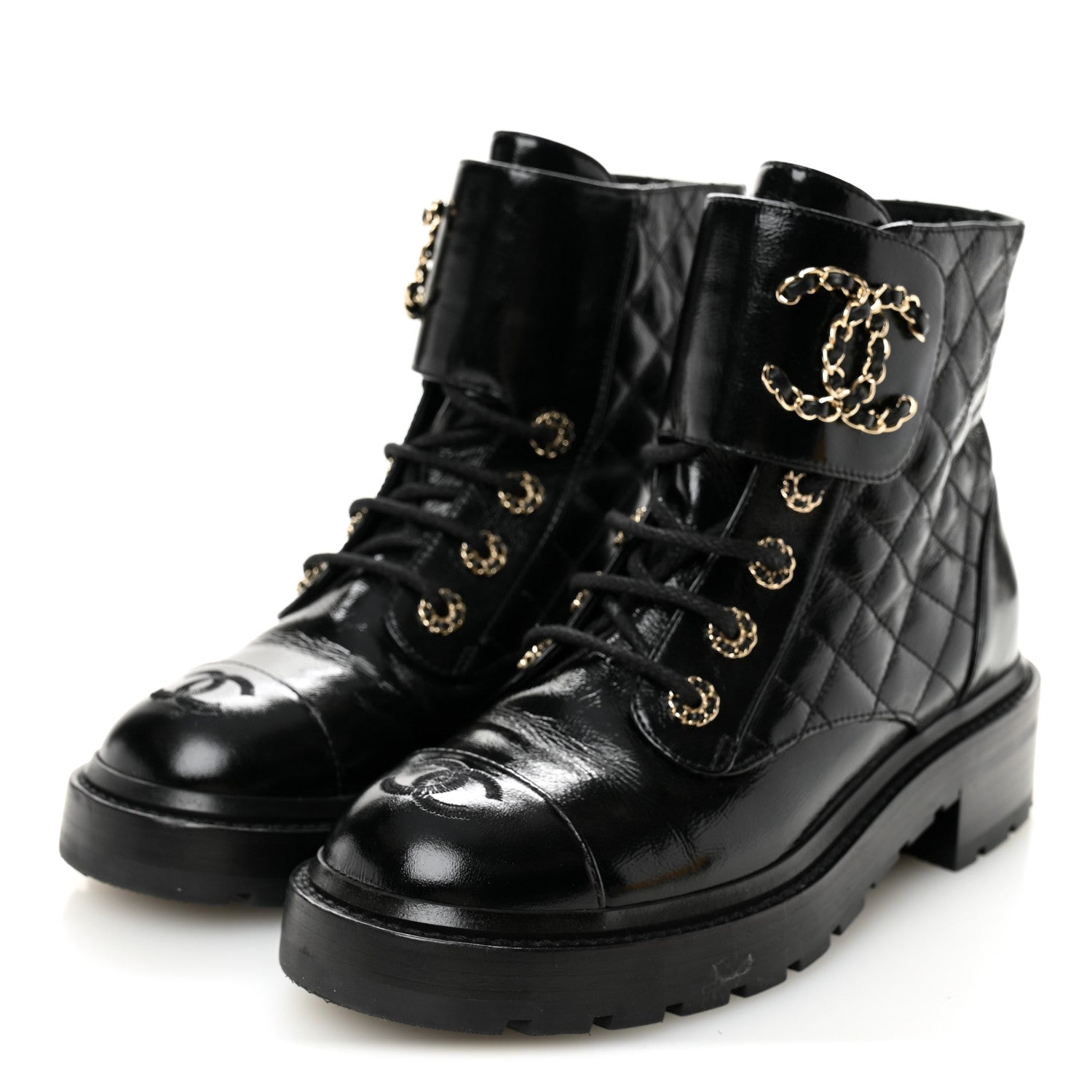 Chanel Shiny Calfskin Quilted Lace Up Combat Boots 37.5 Black