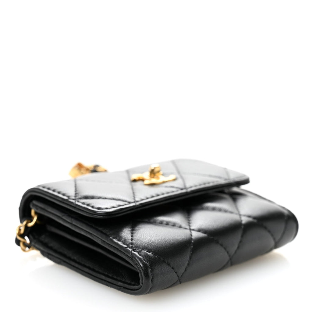 Chanel Lambskin Quilted Pearl Crush Card Holder With Chain Black