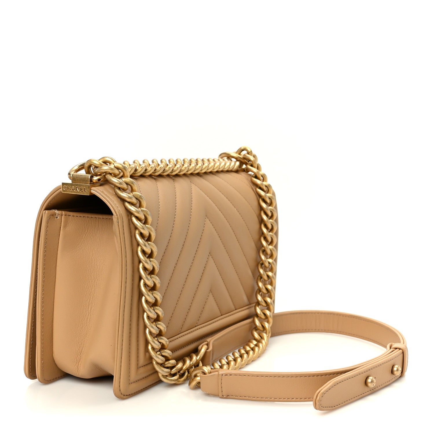 Chanel Lambskin Chevron Quilted Medium Boy Flap Beige