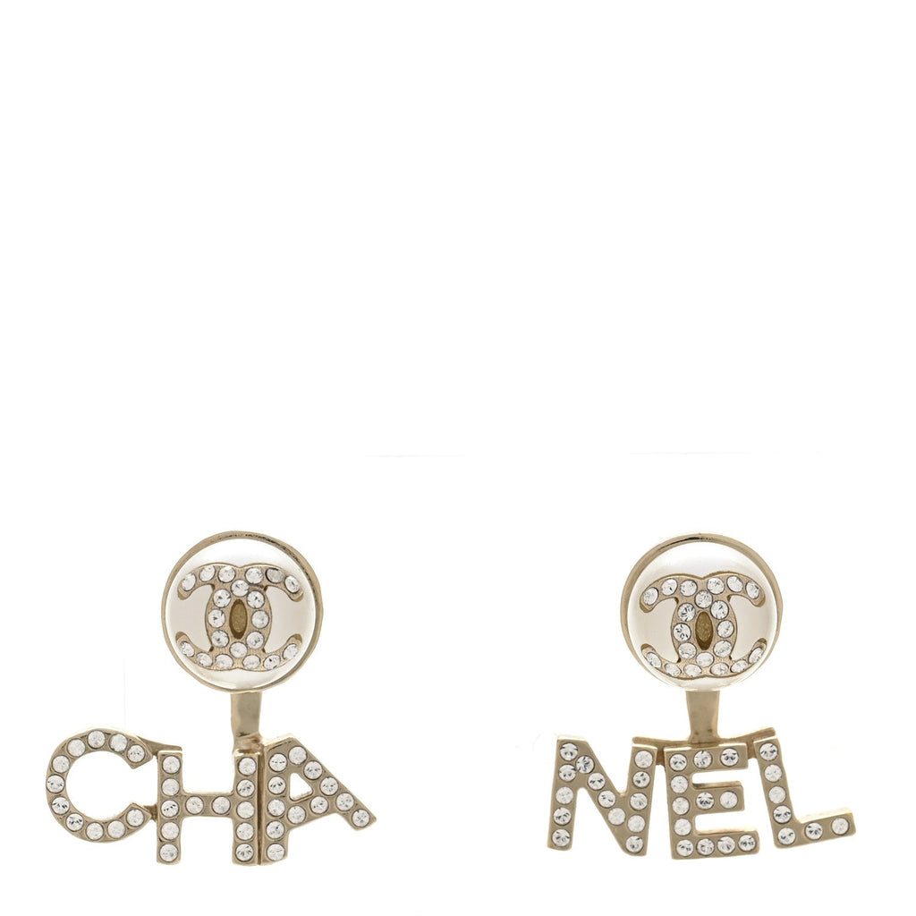 Crystal Pearl Cha-Nel Logo Earrings Gold