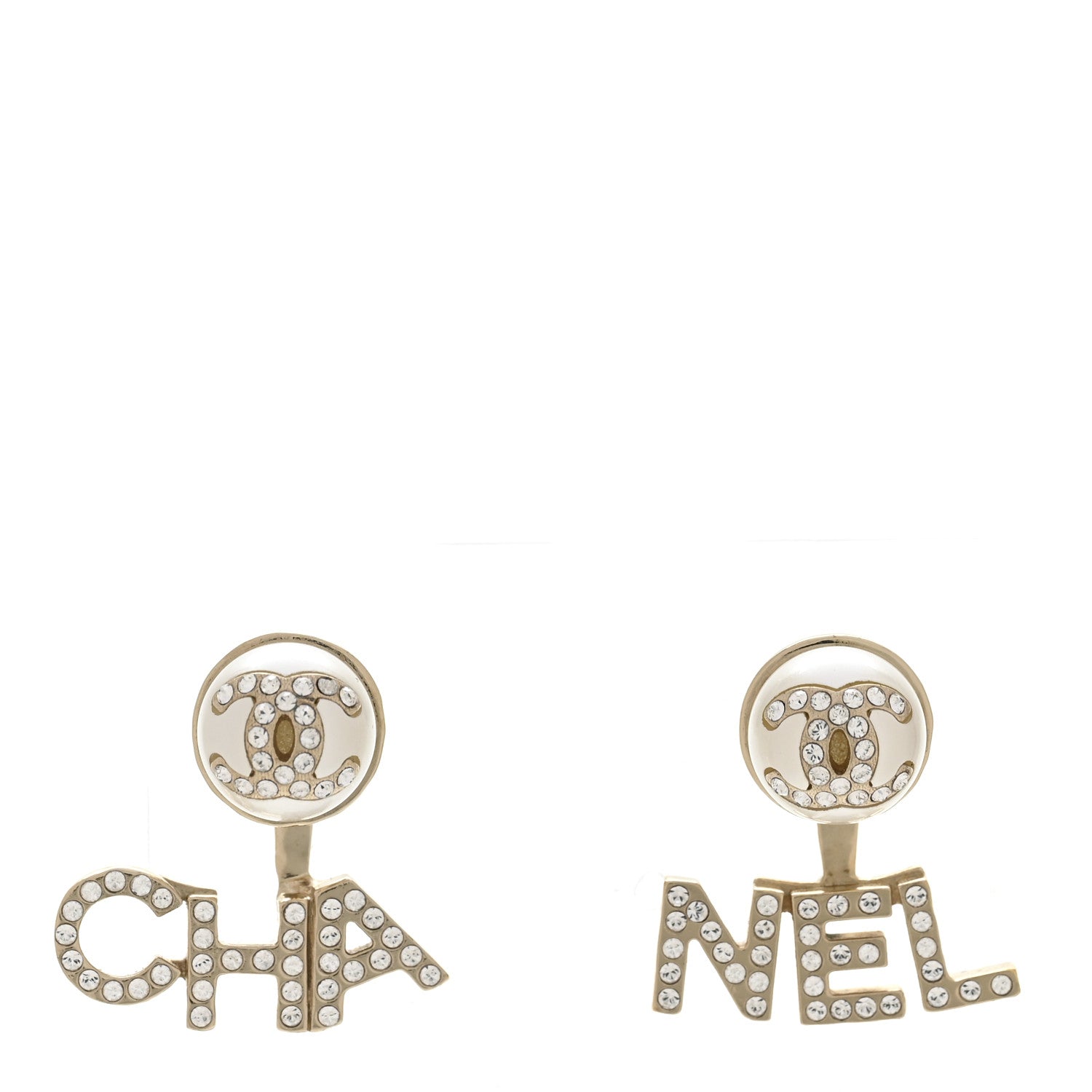Crystal Pearl Cha-Nel Logo Earrings Gold