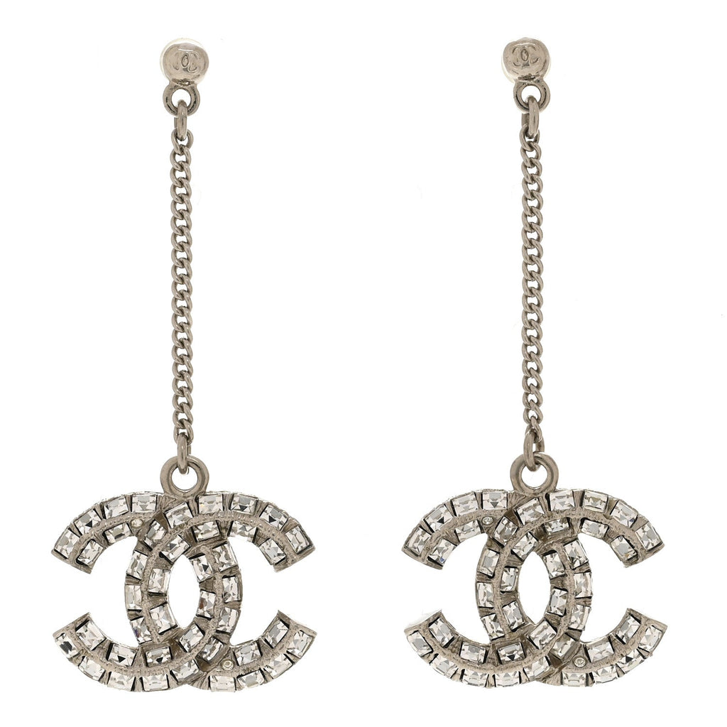 Baguette Crystal CC Drop Earrings Silver