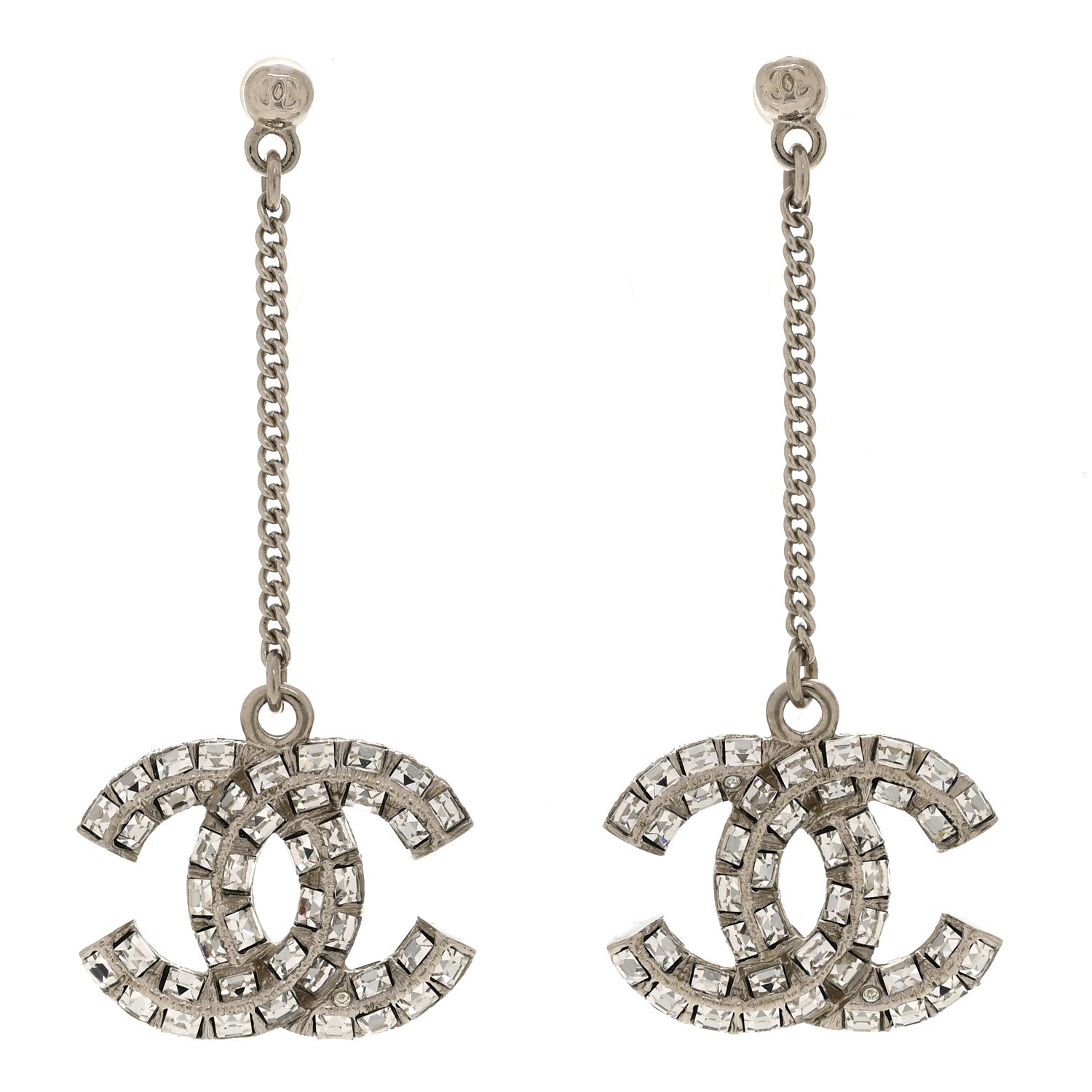 Baguette Crystal CC Drop Earrings Silver