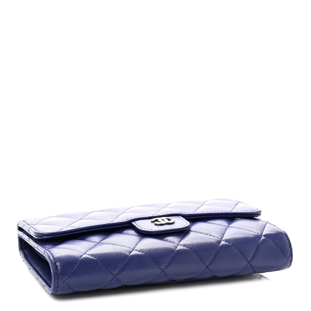 Lambskin Quilted Large Flap Wallet Blue