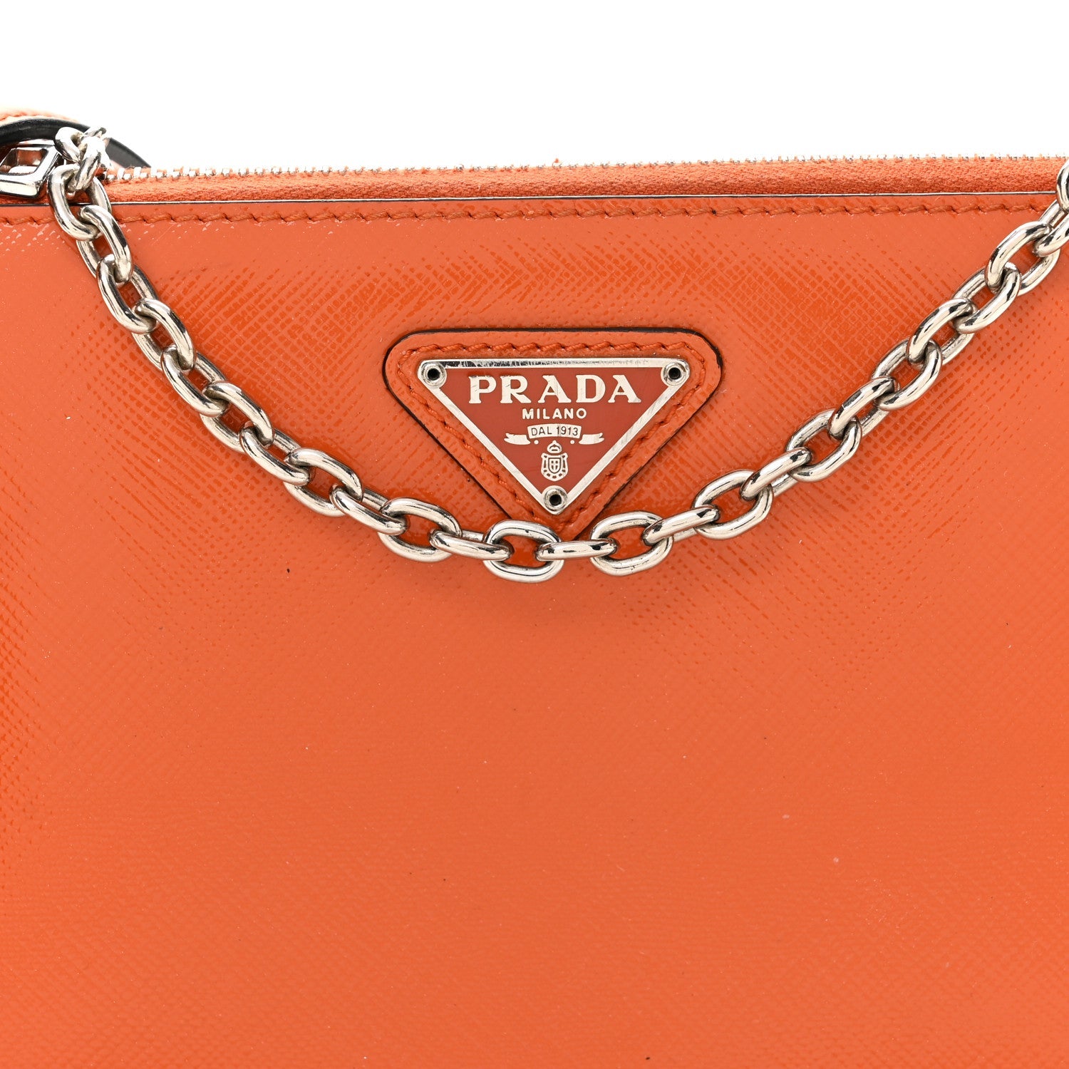 Prada Saffiano Vernice Chain Crossbody Bag Papaya