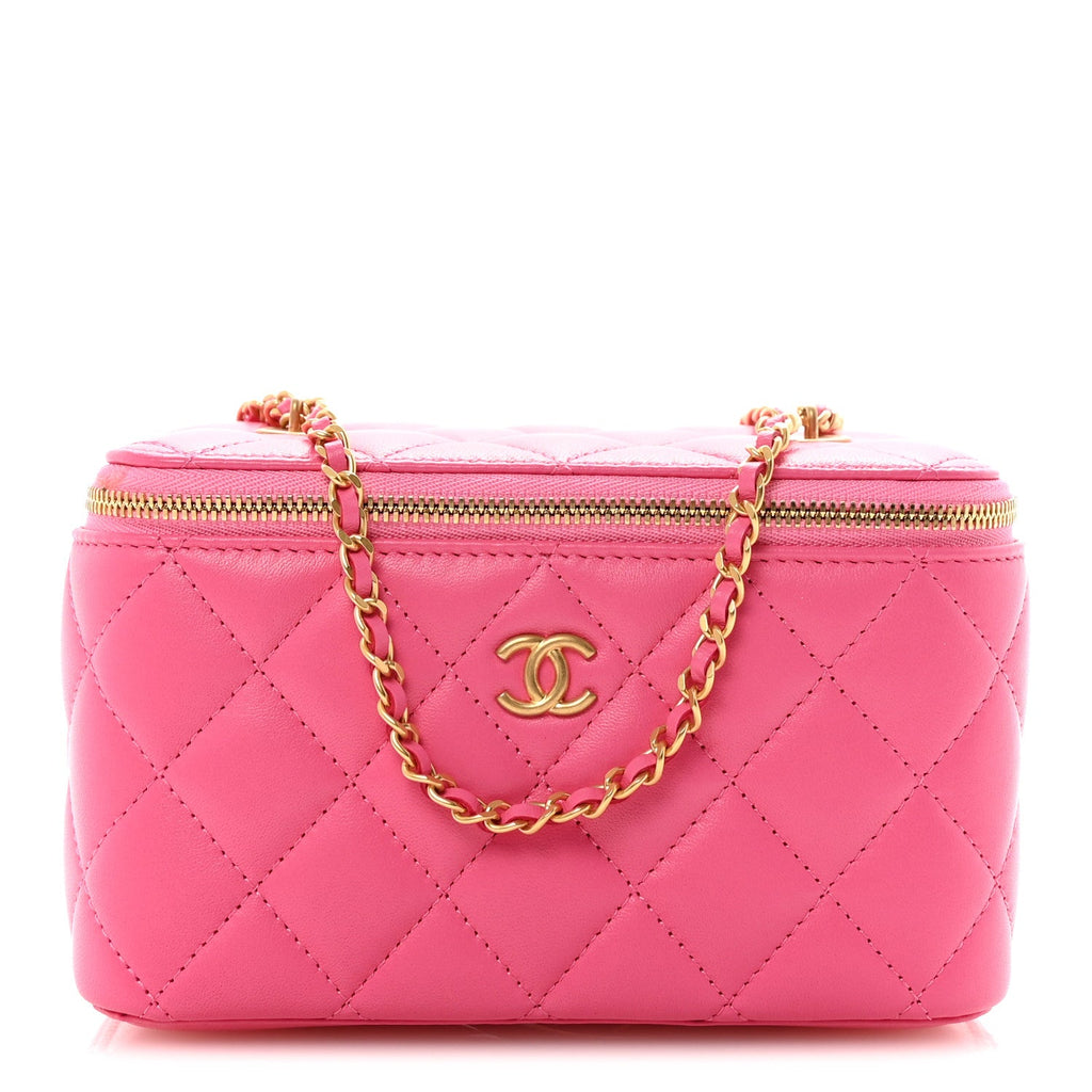 Chanel Lambskin Enamel Quilted Small Coco Hearts Vanity Case With Chain Pink