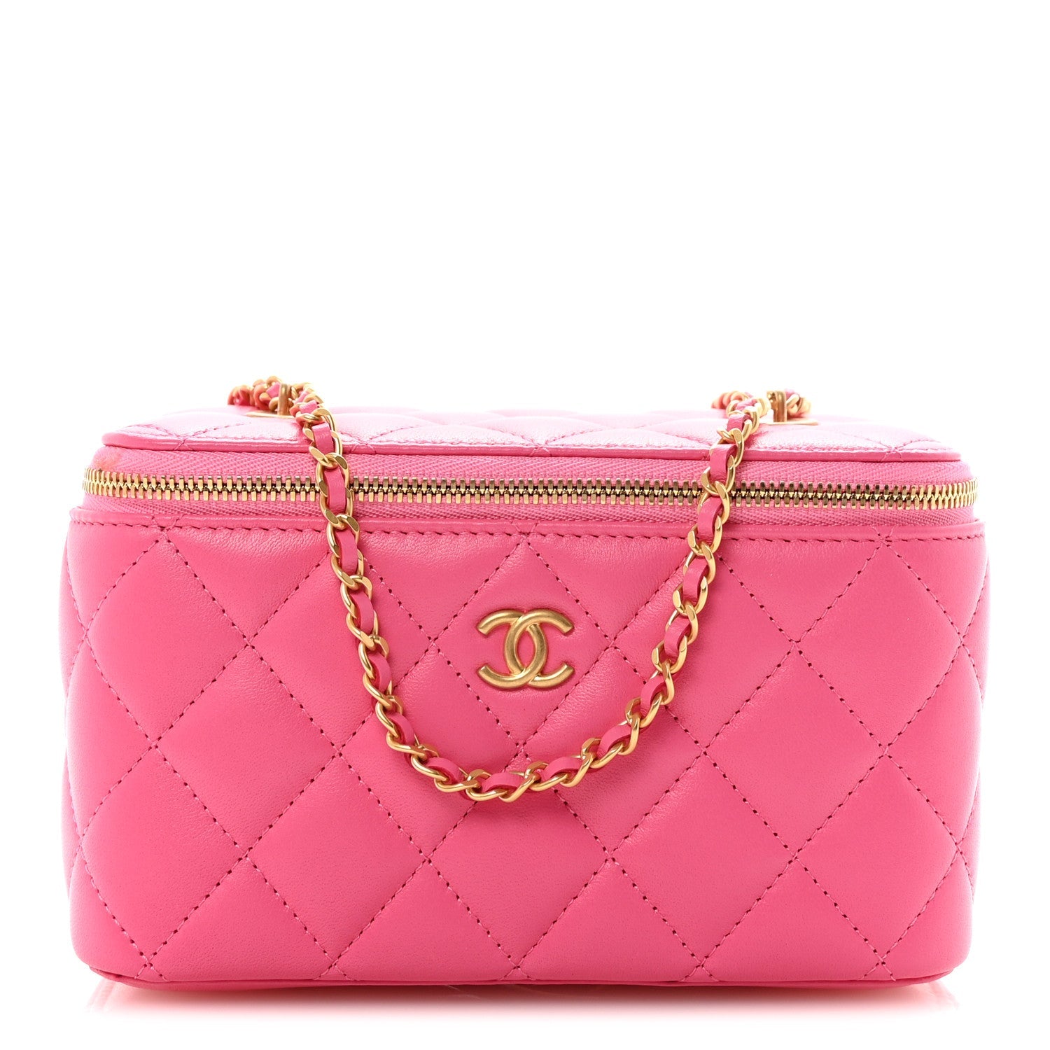 Chanel Lambskin Enamel Quilted Small Coco Hearts Vanity Case With Chain Pink