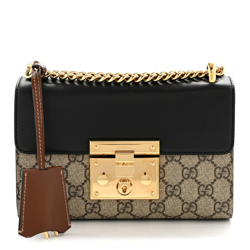 Gucci GG Supreme Monogram Calfskin Small Padlock Shoulder Bag Beige Black Cuir