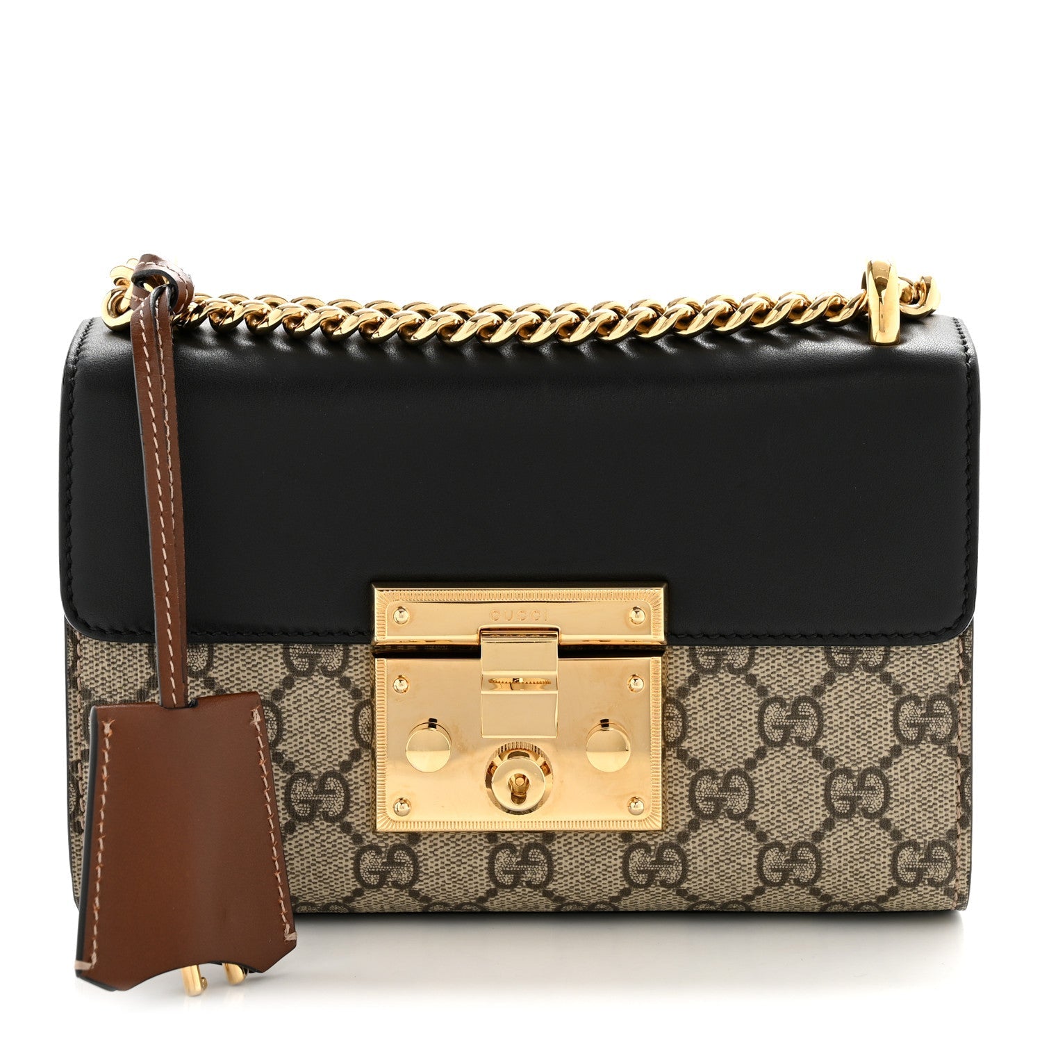 Gucci GG Supreme Monogram Calfskin Small Padlock Shoulder Bag Beige Black Cuir