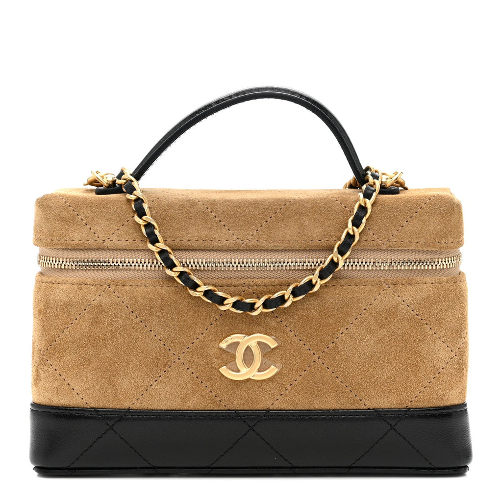 Chanel Suede Calfskin Shiny Lambskin Quilted Top Handle Slim Vanity Case With Chain Beige Black