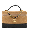 Chanel Suede Calfskin Shiny Lambskin Quilted Top Handle Slim Vanity Case With Chain Beige Black