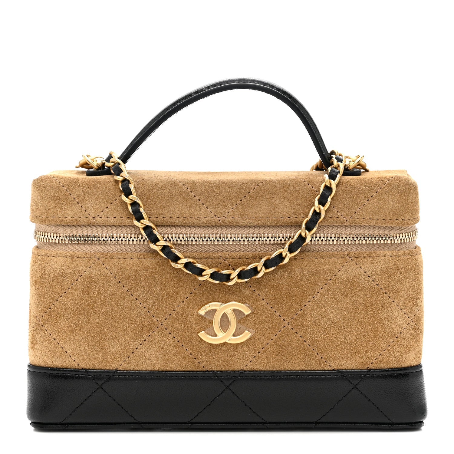 Chanel Suede Calfskin Shiny Lambskin Quilted Top Handle Slim Vanity Case With Chain Beige Black