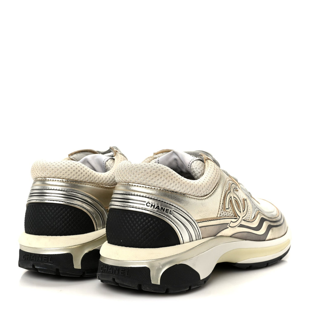 Fabric Laminated Calfskin Stretch CC Sneakers 39.5 White Gold Silver