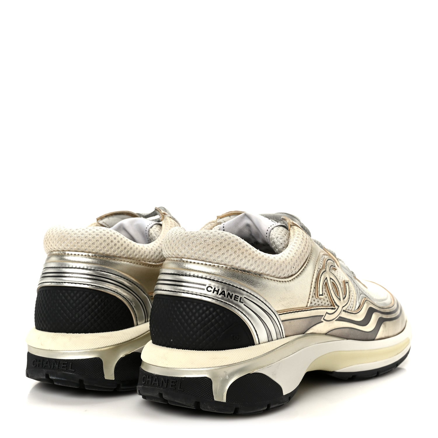 Fabric Laminated Calfskin Stretch CC Sneakers 39.5 White Gold Silver
