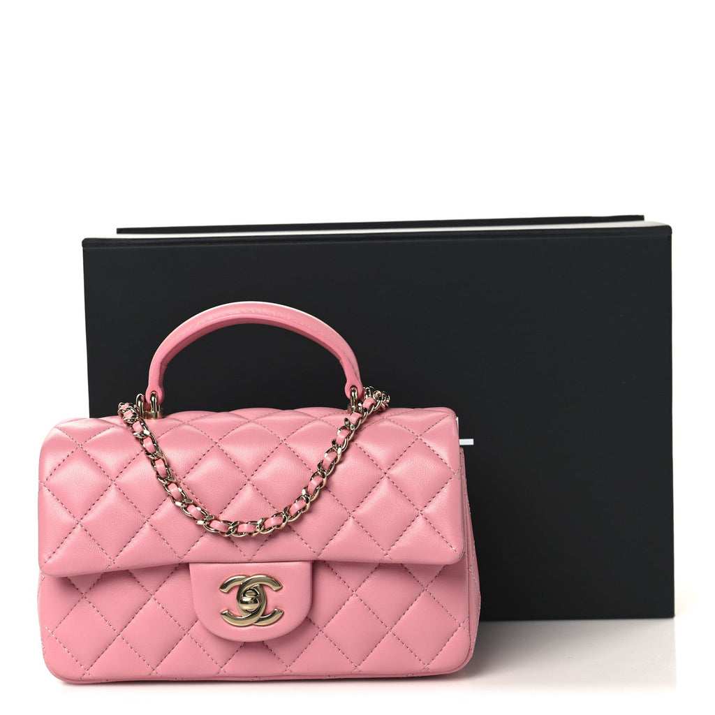 Chanel Lambskin Quilted Mini Top Handle Rectangular Flap Pink