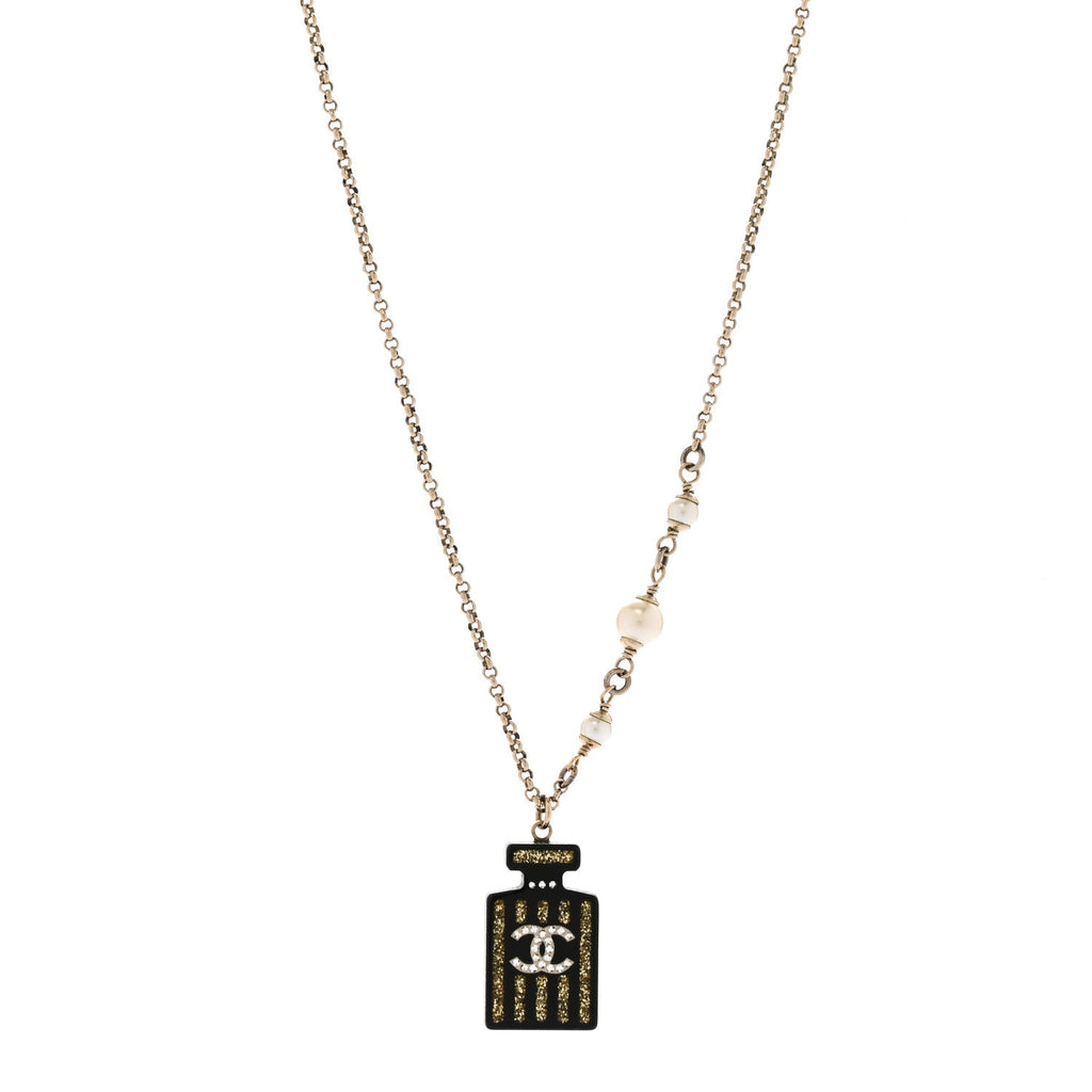 Resin Strass Pearl Perfume Bottle CC Necklace Black Gold