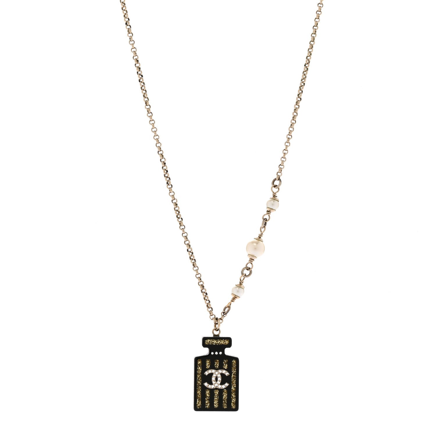 Resin Strass Pearl Perfume Bottle CC Necklace Black Gold