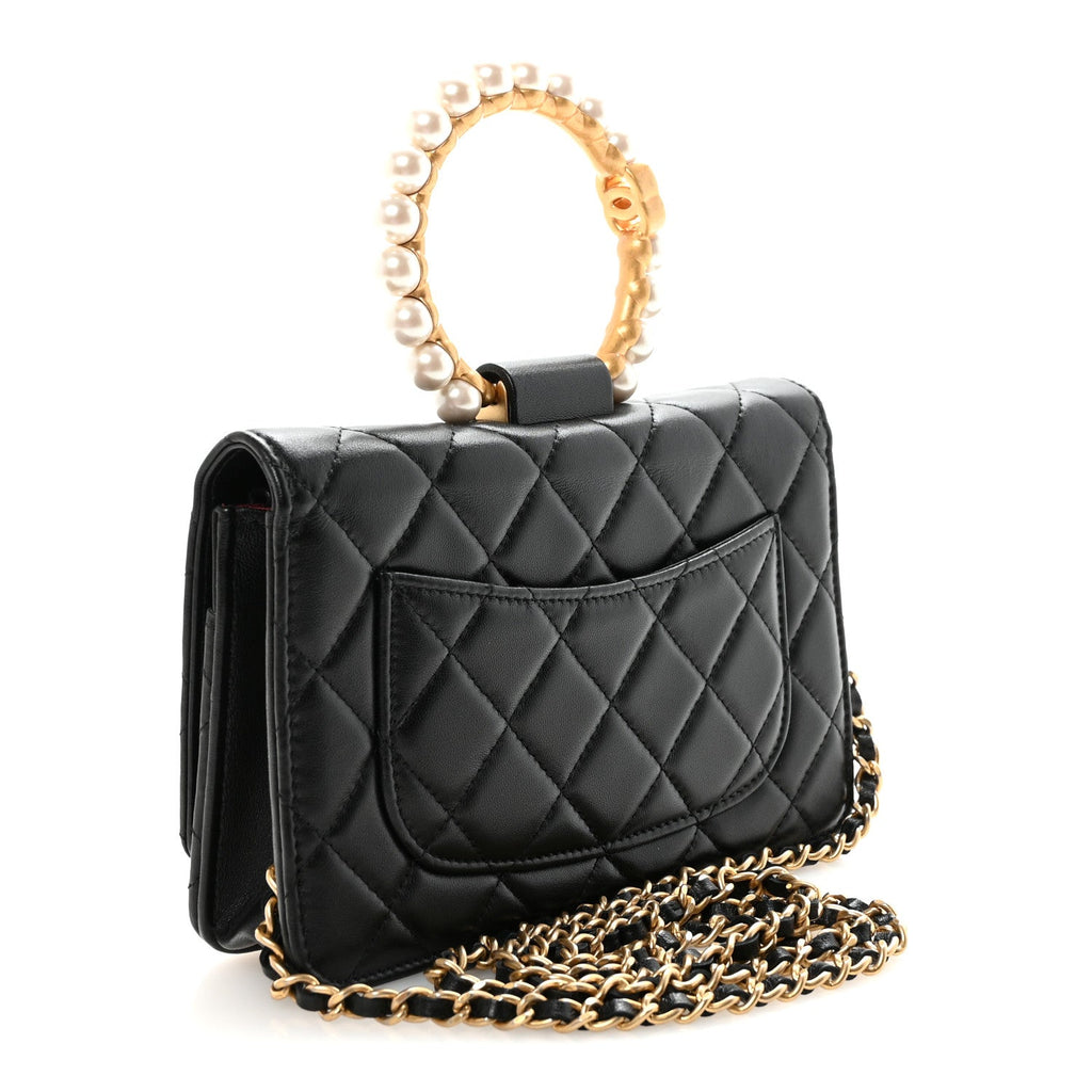 Chanel Lambskin Quilted Pearl Crown Wallet On Chain WOC Black