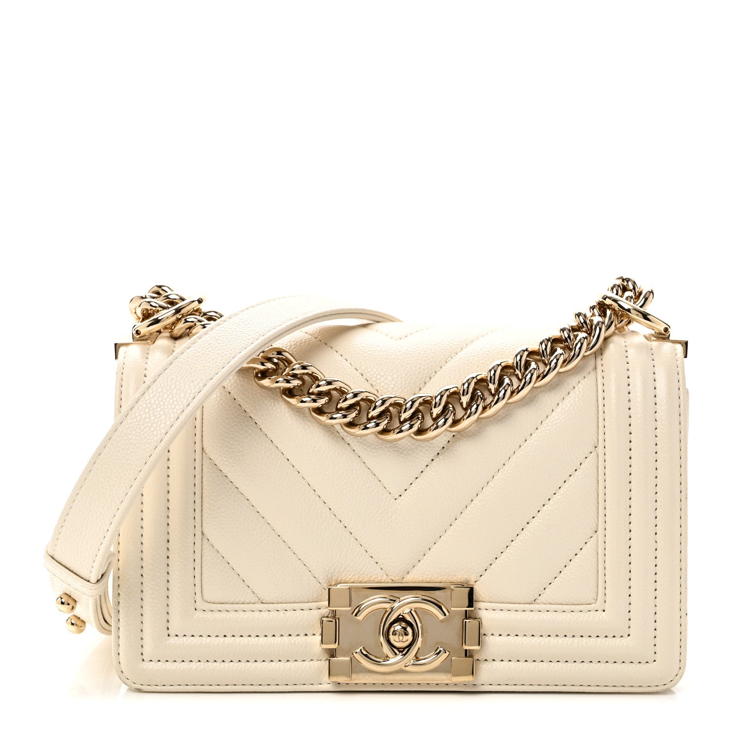 Chanel Caviar Chevron Quilted Small Boy Flap White