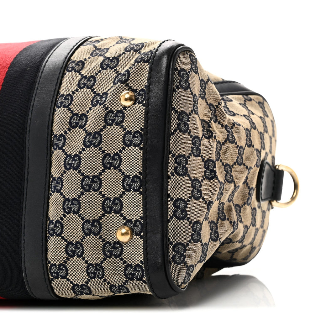 Gucci Monogram Selleria Calfskin Vintage Web Medium Boston Beige Blue