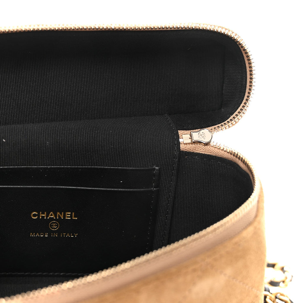 Chanel Suede Calfskin Shiny Lambskin Quilted Top Handle Slim Vanity Case With Chain Beige Black