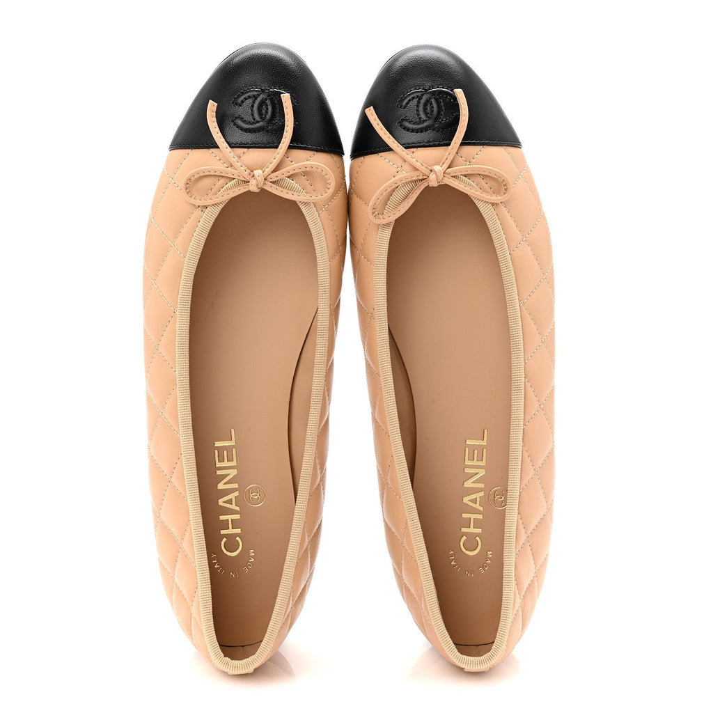 Lambskin Quilted CC Cap Toe Ballerina Flats 40 Beige Black