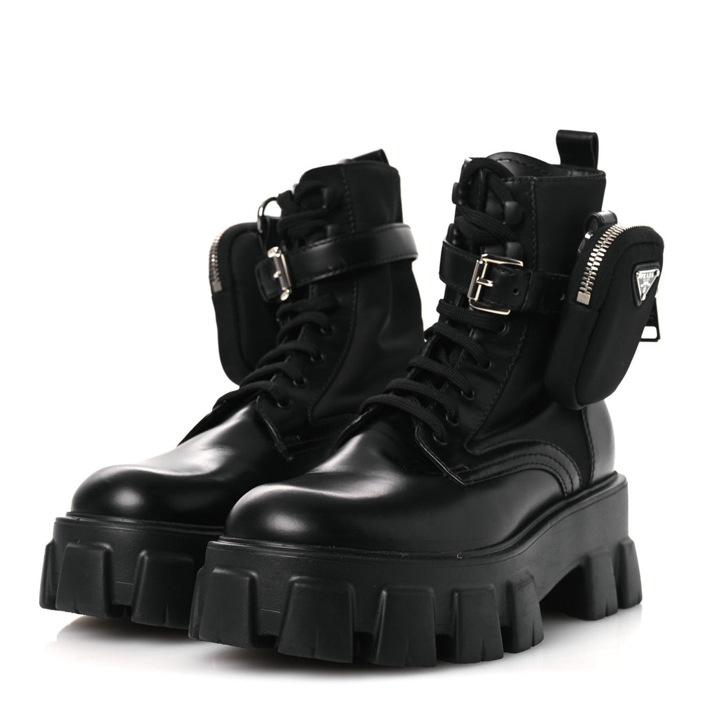 Prada Spazzolato Rois Nylon Metal Triangle Logo Monolith Pouch Pocket 55mm Boots 38 Black